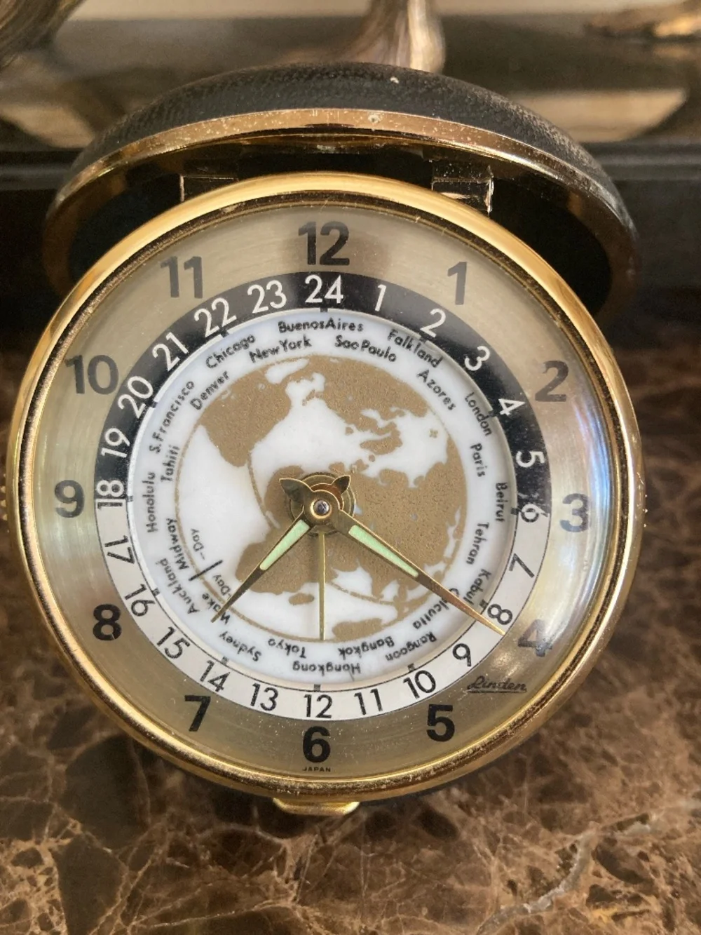 Vintage Linden World Time Travel Alarm Clock Japan Mechanical Wind-Up Working